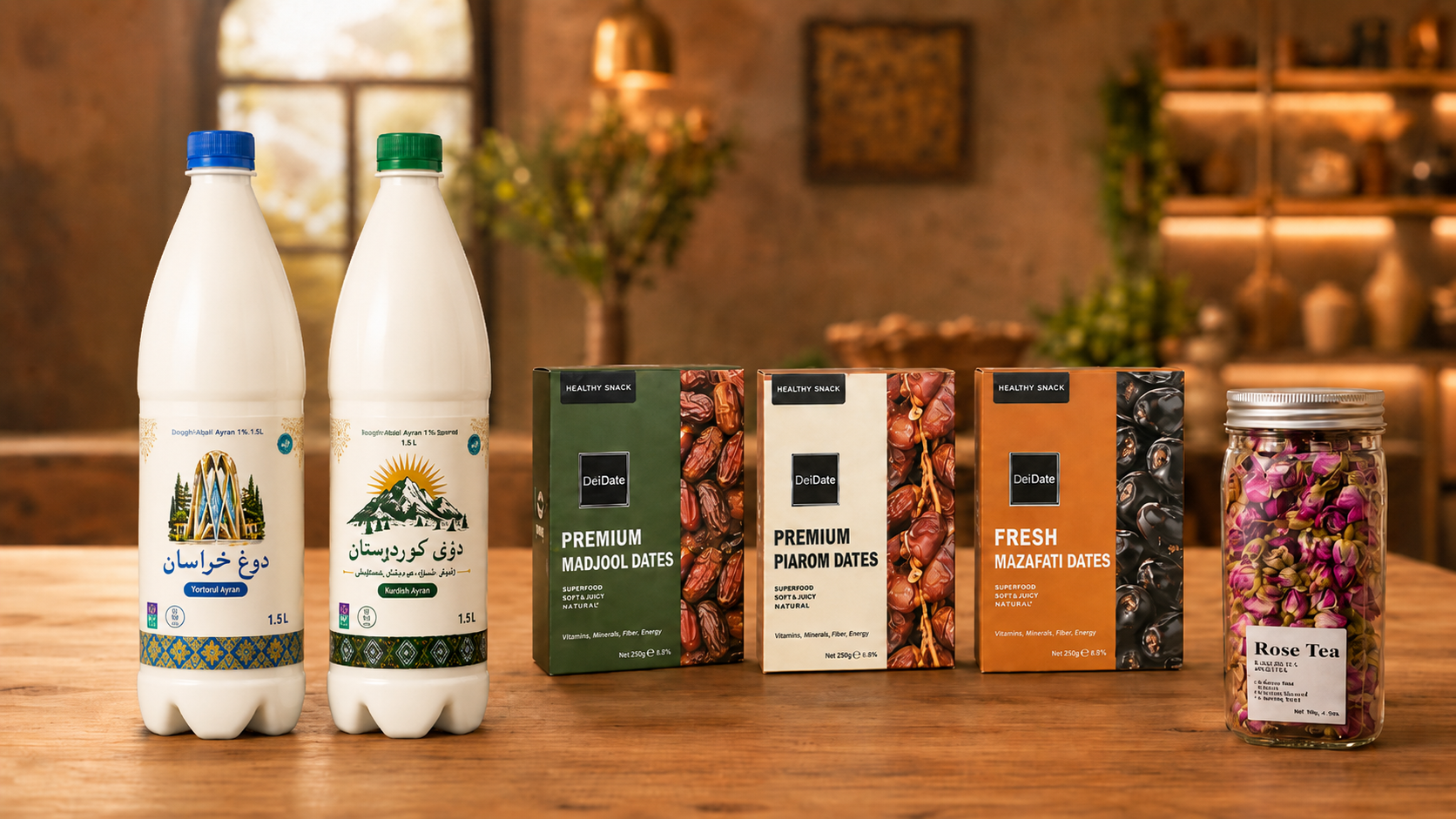 Sohan product range — Ayran beverages, premium dates, and rose tea